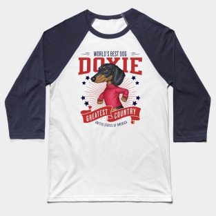 Doxie red white blue Black Dachshund Walking USA Baseball T-Shirt